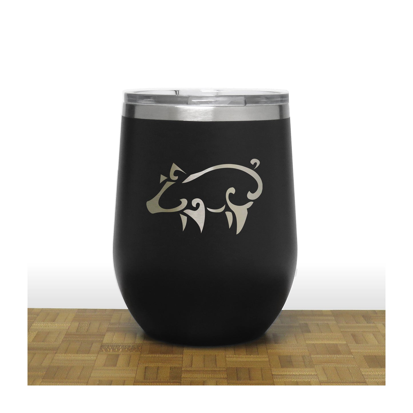 Black - Pig PC 12oz STEMLESS WINE - Design 3 - Copyright Hues in Glass