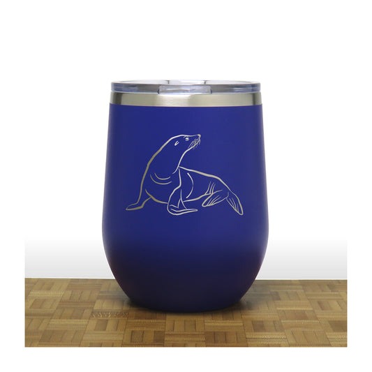 Blue - Sea Lion PC 12oz STEMLESS WINE - Copyright Hues in Glass