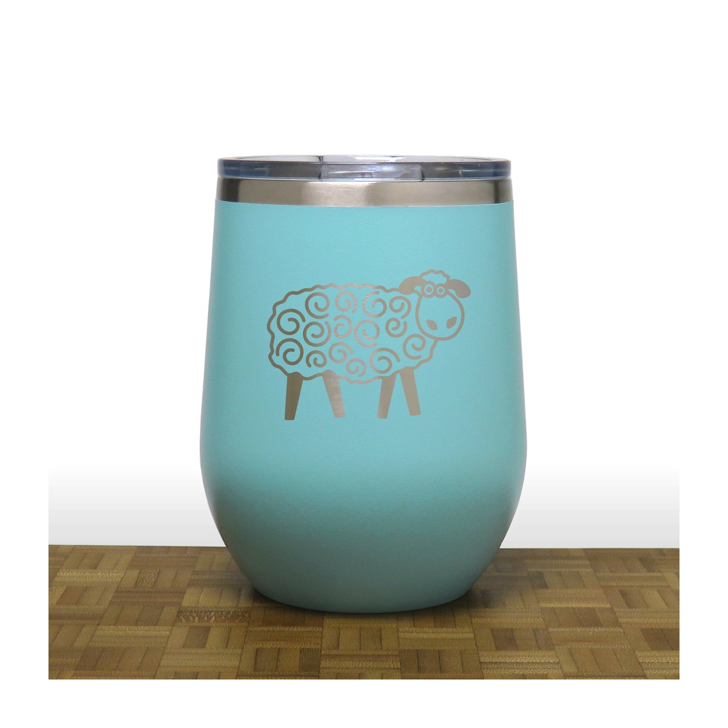 Teal - Cute Sheep PC 12oz STEMLESS WINE - Copyright Hues in Glass