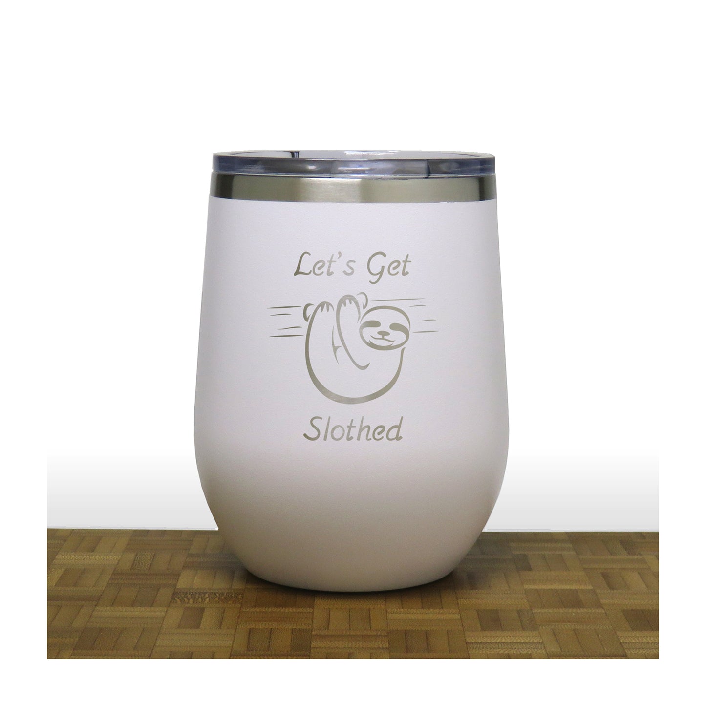 White - Let's Get Slothed PC 12oz STEMLESS WINE - Copyright Hues in Glass