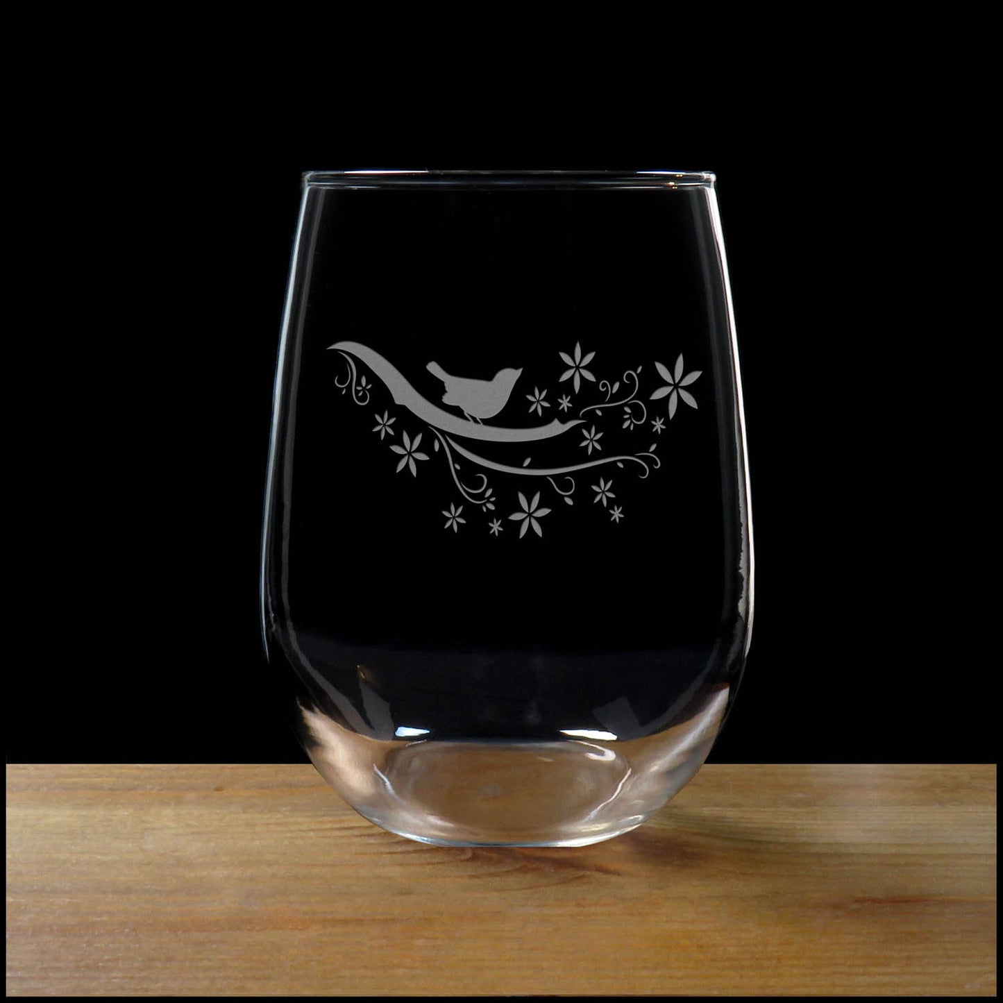  Bird on a Branch Stemless Wine Glass - Copyright Hues in Glass