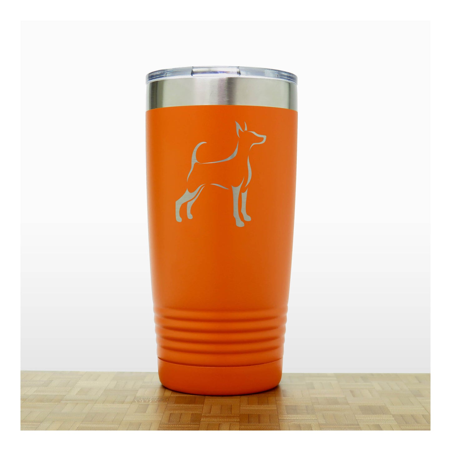 Orange- Long Tailed, Uncropped Ears  Doberman  20 oz Insulated Tumbler - Design 4 - Copyright Hues in Glass