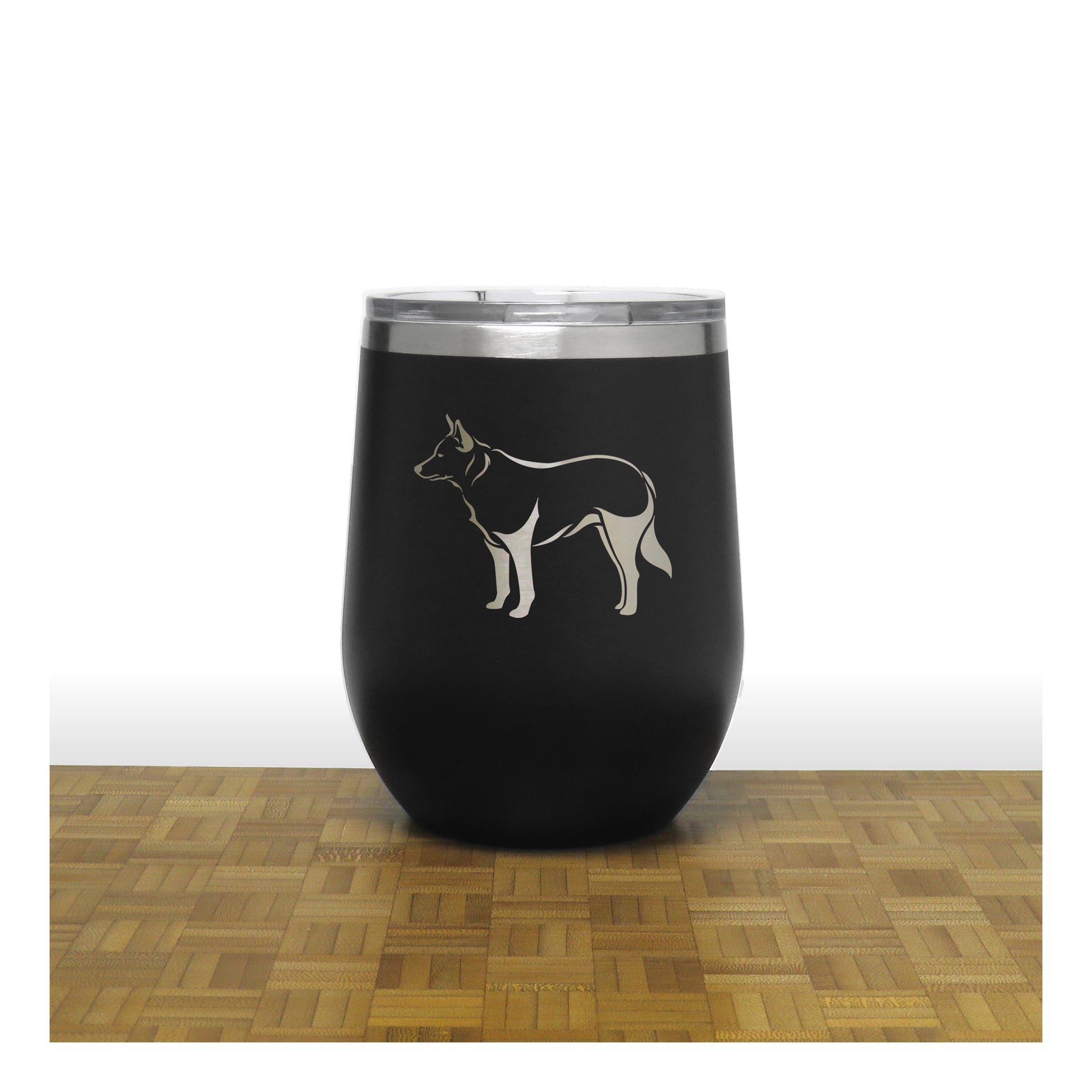 Black - Blue Heeler PC 12oz STEMLESS WINE - Copyright Hues in Glass