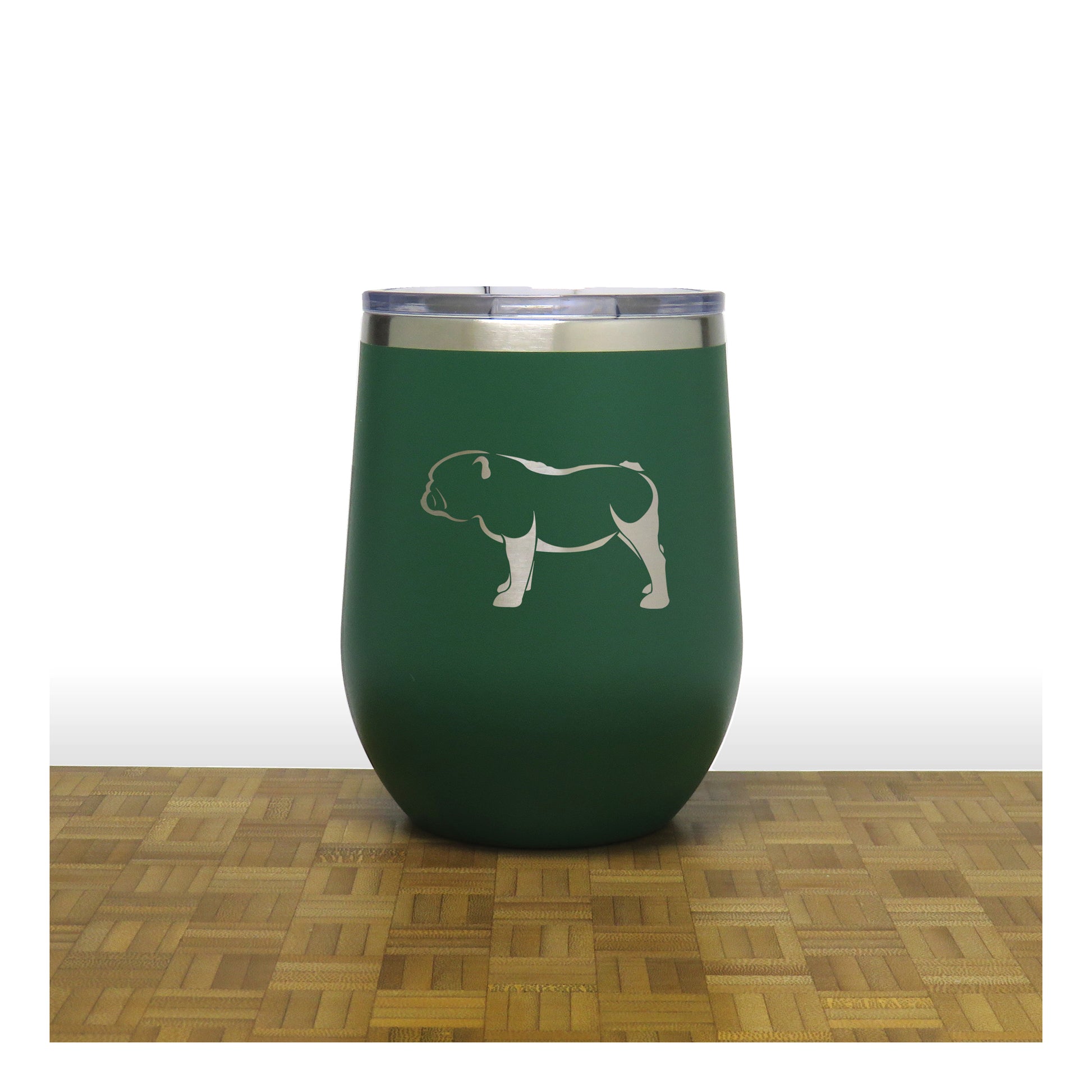 Green - Bulldog Design 2 PC 12oz STEMLESS WINE - Copyright Hues in Glass