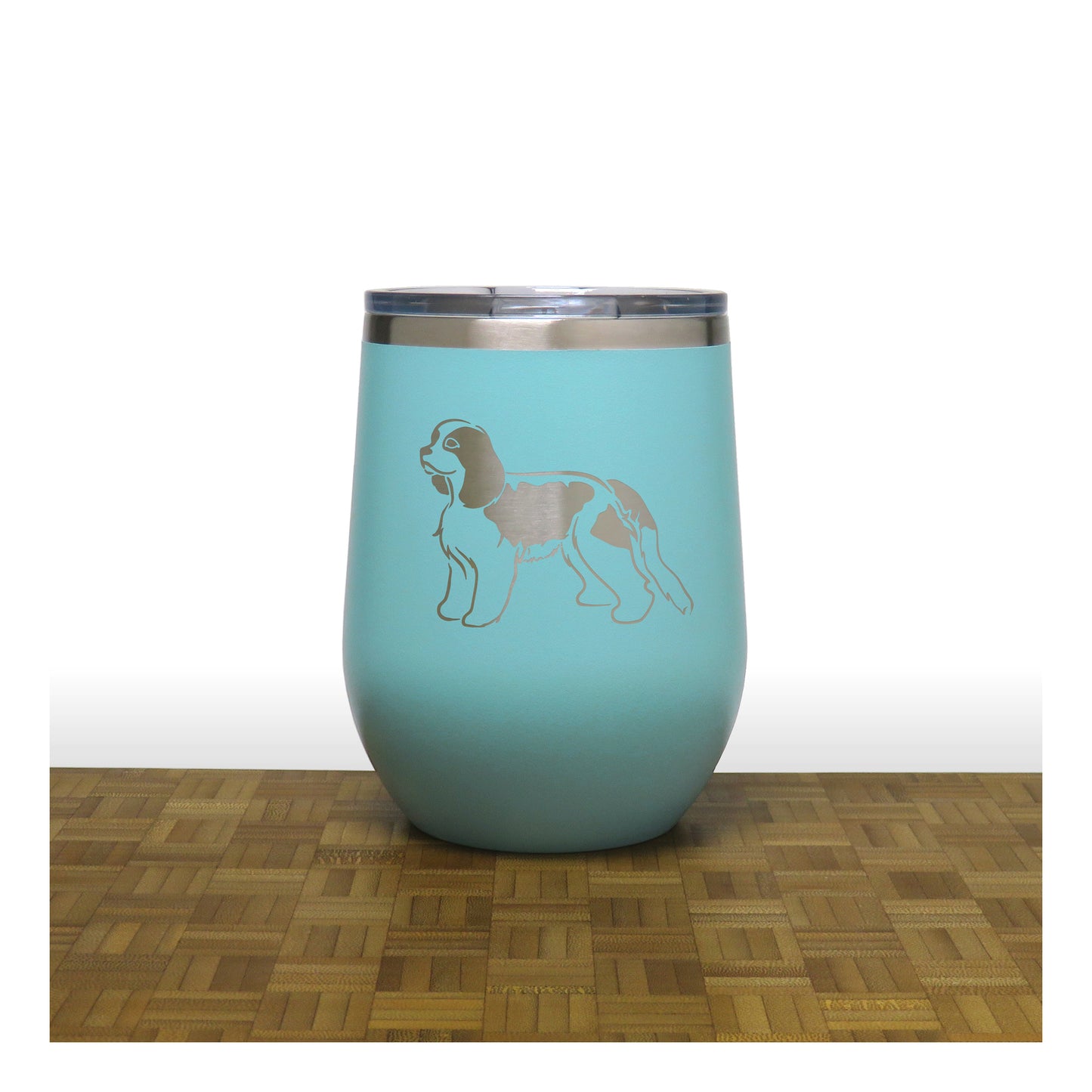 Teal - Cavalier King Charles Spaniel PC 12oz STEMLESS WINE - Copyright Hues in Glass