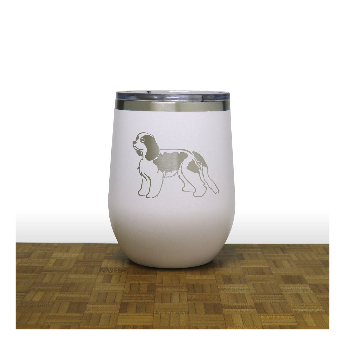 White - Cavalier King Charles Spaniel PC 12oz STEMLESS WINE - Copyright Hues in Glass