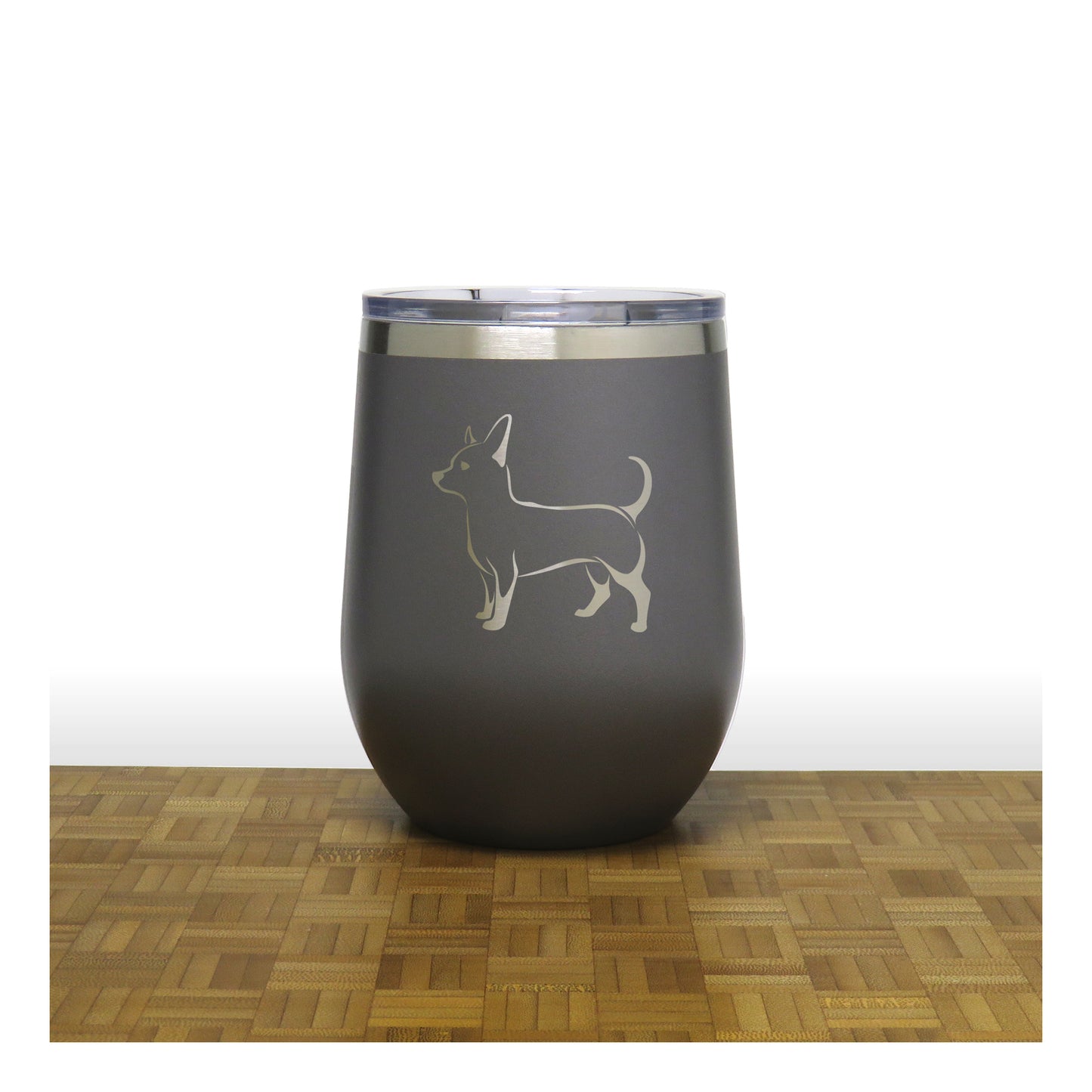 Grey - Chihuahua PC 12oz STEMLESS WINE - Copyright Hues in Glass