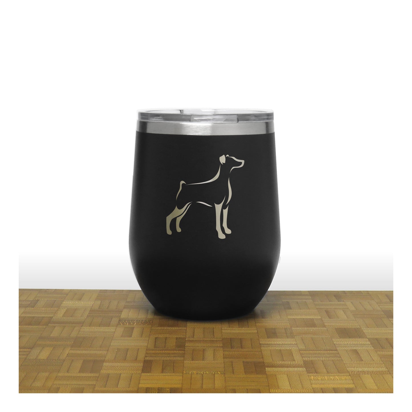 Black - Doberman PC 12oz STEMLESS WINE - Copyright Hues in Glass