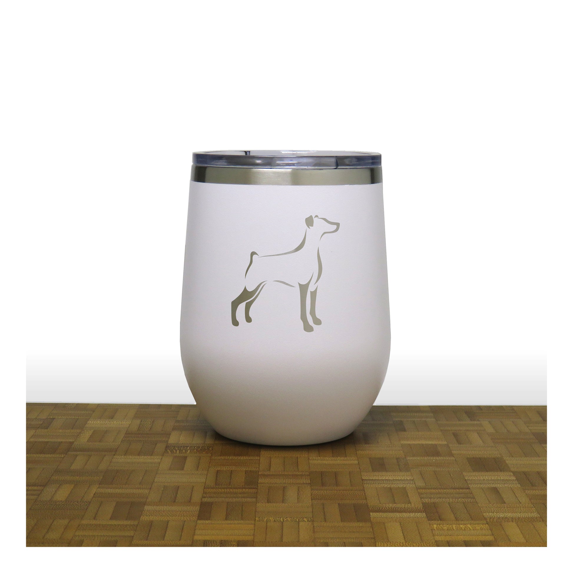 White - Doberman PC 12oz STEMLESS WINE - Copyright Hues in Glass