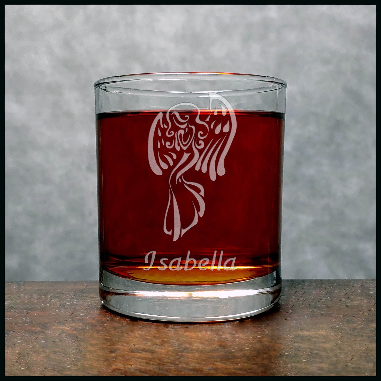 Personalized Angel Whisky Glass - Design 3 - Copyright Hues in Glass