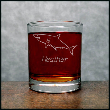 Great White Shark Personalized Whisky Glass - Design 2 - Copyright Hues in Glass