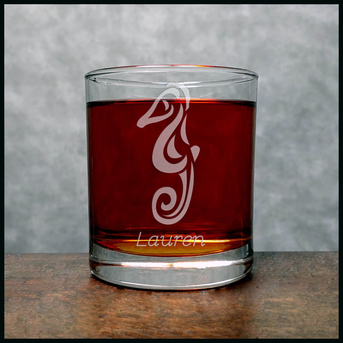 Seahorse Whisky Personalized  Glass - Design 2 - Copyright Hues in Glass