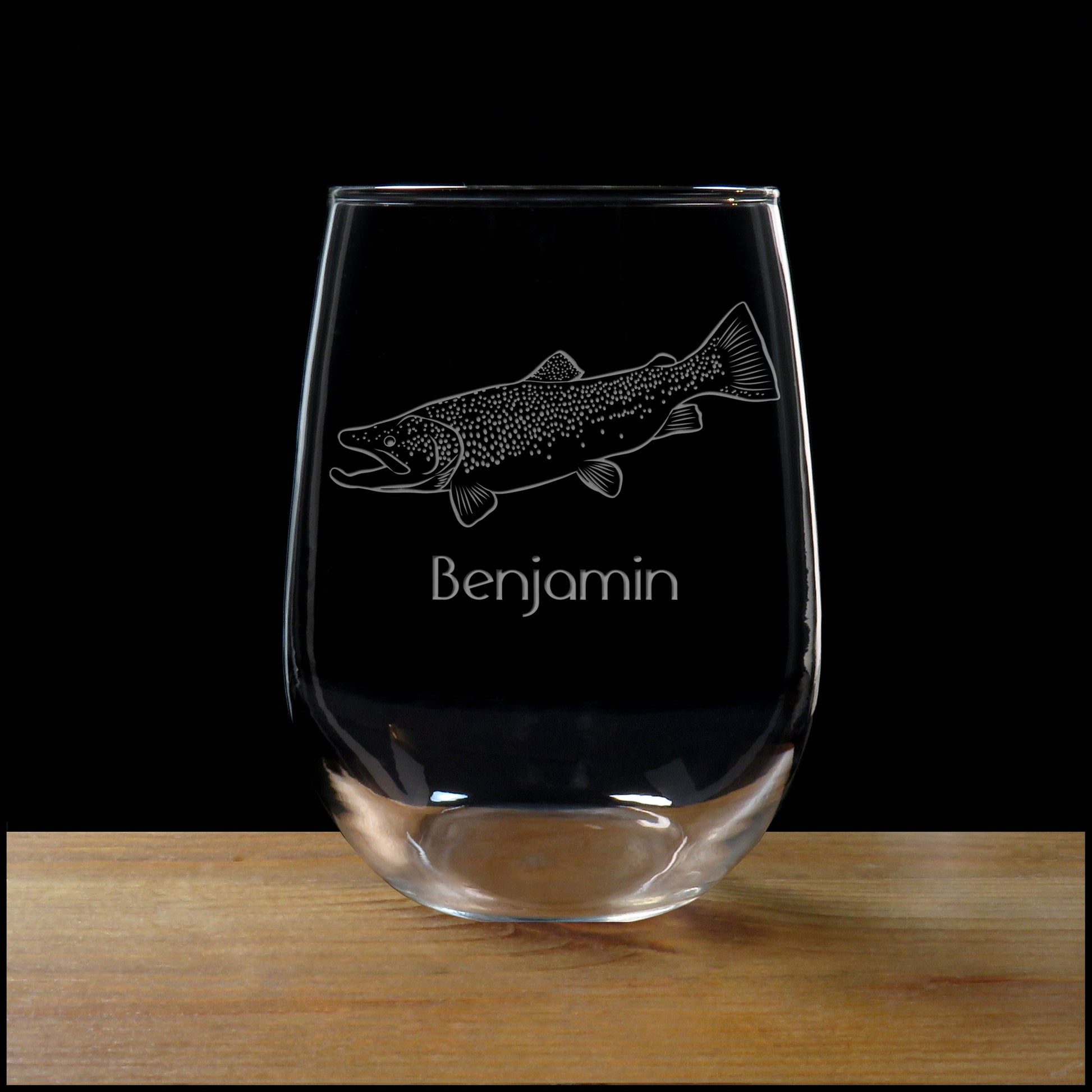 Brown Trout Personalized Stemless Wine Glass - Copyright Hues in Glass