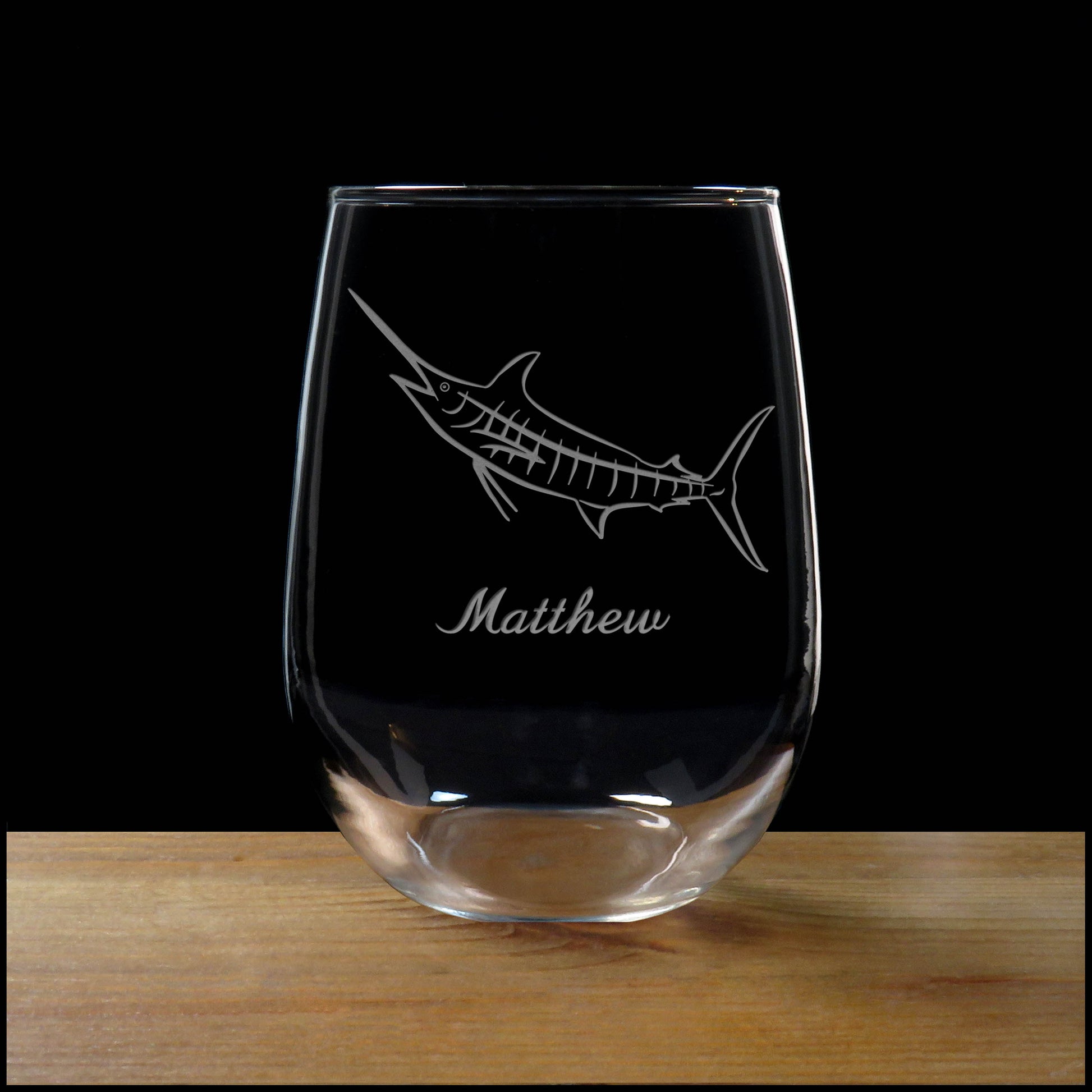 Personalized Marlin Stemless Wine Glass - Copyright Hues in Glass