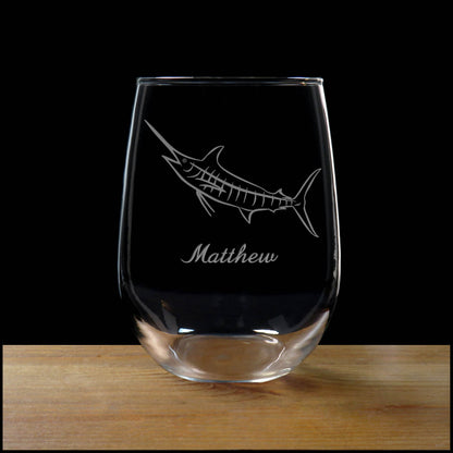 Personalized Marlin Stemless Wine Glass - Copyright Hues in Glass