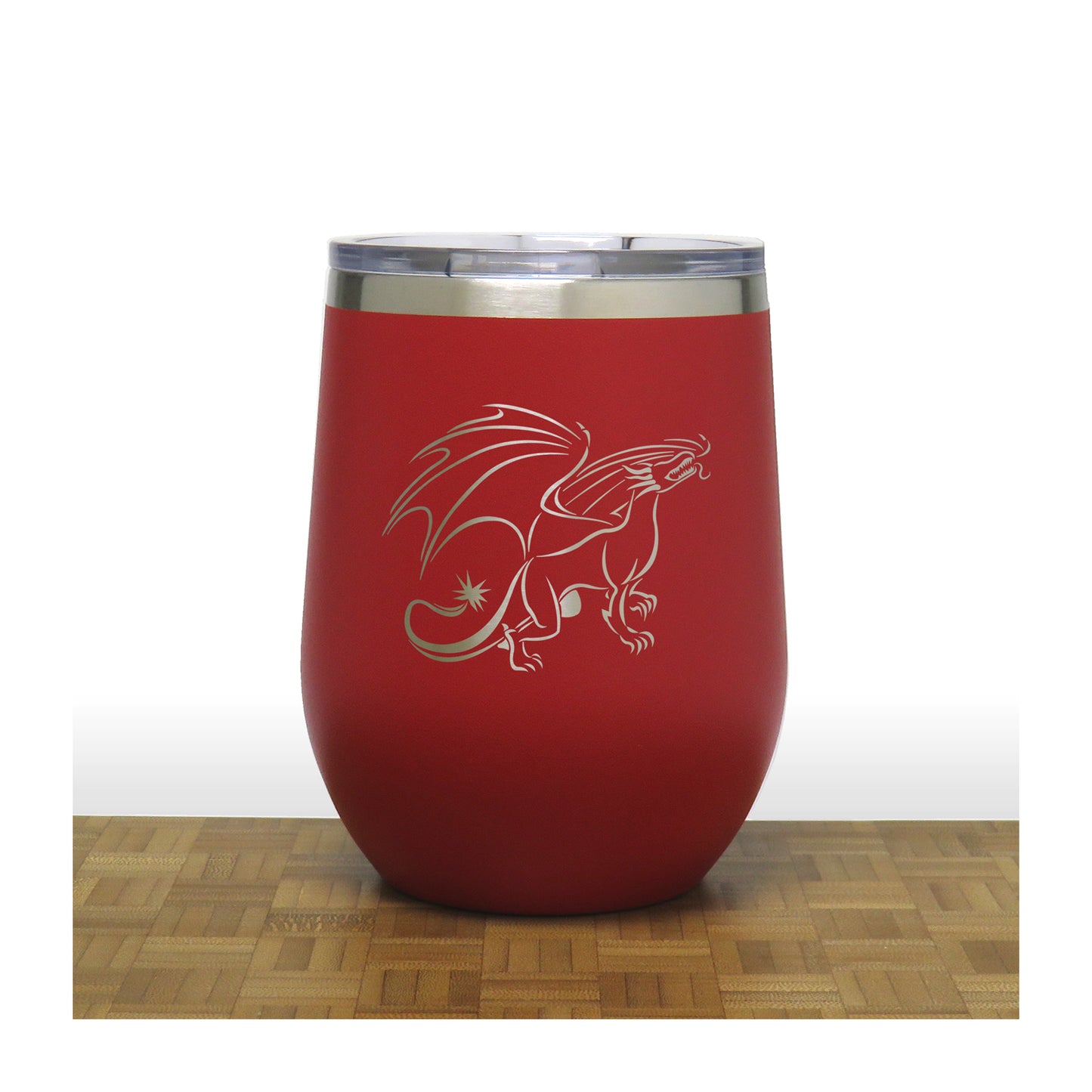 Red - Dragon Design 3 PC 12oz STEMLESS WINE - Copyright Hues in Glass