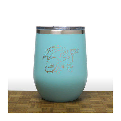 Teal - Dragon Design 3 PC 12oz STEMLESS WINE - Copyright Hues in Glass