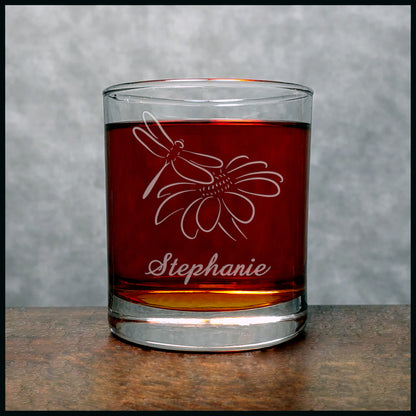 Dragonfly and Daisy Personalized Whisky Glass - Copyright Hues in Glass