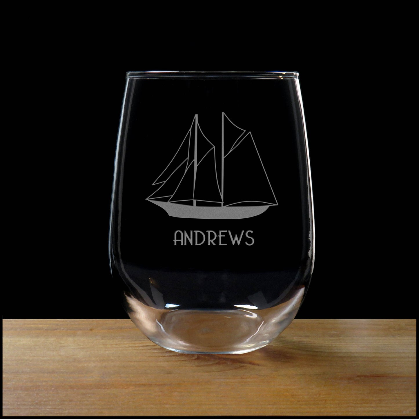 Sailing Ship Personalized Stemless Wine Glass - Copyright Hues in Glass