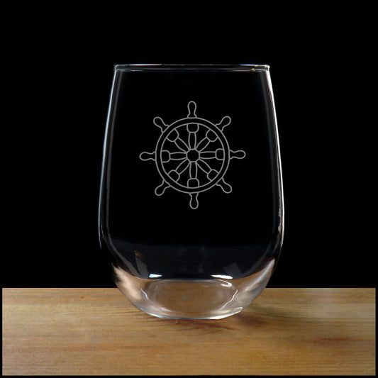 Ship's Wheel Stemless Wine Glass - Design 2 - Copyright Hues in Glass