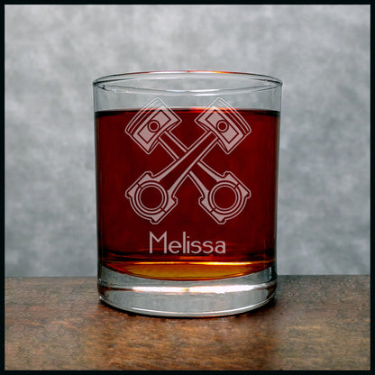 Crossed Pistons Personalized Whisky Glass - Design 2 - Copyright Hues in Glass