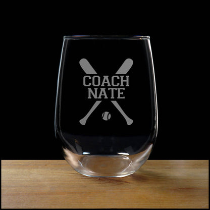 Baseball Coach Personalized Stemless Wine Glass - Copyright Hues in Glass