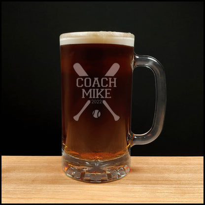 Baseball Coach Beer Mug With Year - Copyright Hues in Glass