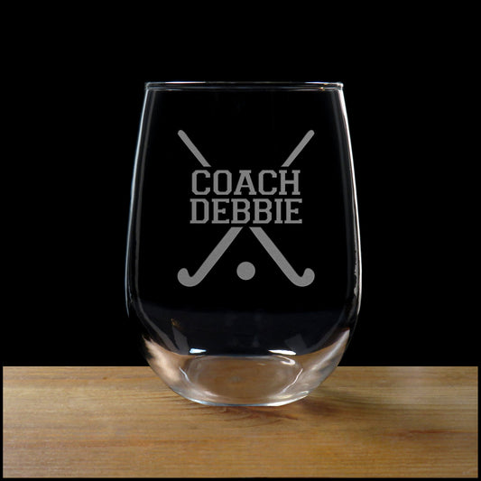 Field Hockey Coach Stemless Wine Glass - Copyright Hues in Glass