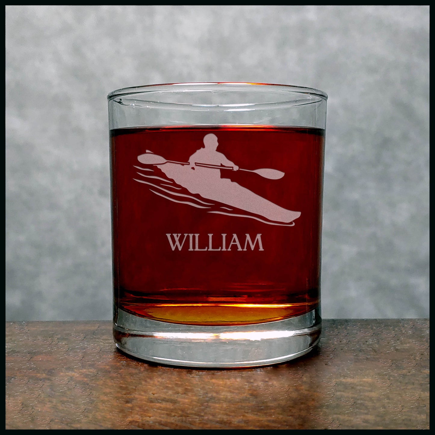 Personalized Kayak 11oz whiskey glass -copyright Hues in Glass